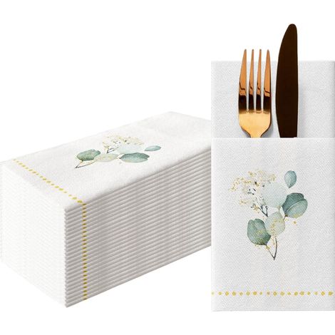Serviettes Pochette Effet Tissu 1/8, 25 pièces - Eucalyptus Doré (1/5)