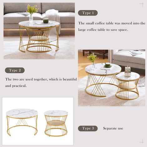 Lot de 2 tables d'appoint rondes gigogne, plateau marbre blanc brillant, cadre doré, design moderne pour canapé, tables basses emboîtables.