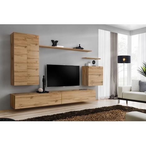 Ensemble mural - Switch XX - 1 vitrine LED - 1 banc TV - 1 étagère murale - Bois - Livraison gratuite