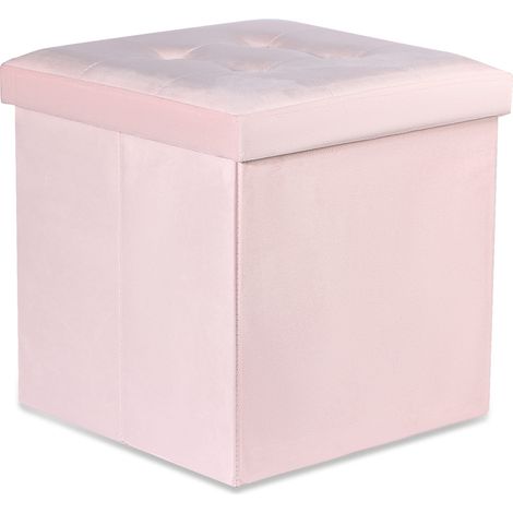 Puff Valora plegable de terciopelo rosa con almacenamiento 38x38x38 práctico (1/5)