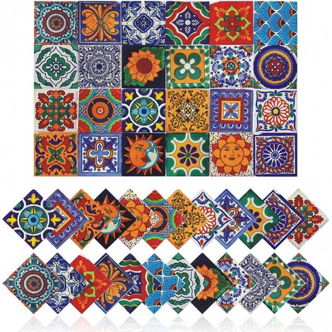 24Pcs Carrelage Autocollants Décoration Murale Stickers Muraux Étanche PVC Décoration 2D avec Un Design Rétro Style Mosaïque (10x10cm) (1/5)
