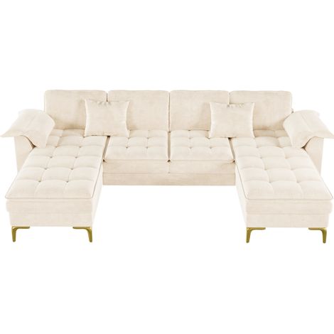 Canapé d’angle en U 4 places avec chaises longues, coussins, pieds métal dorés, revêtement en chenille beige (1/5)