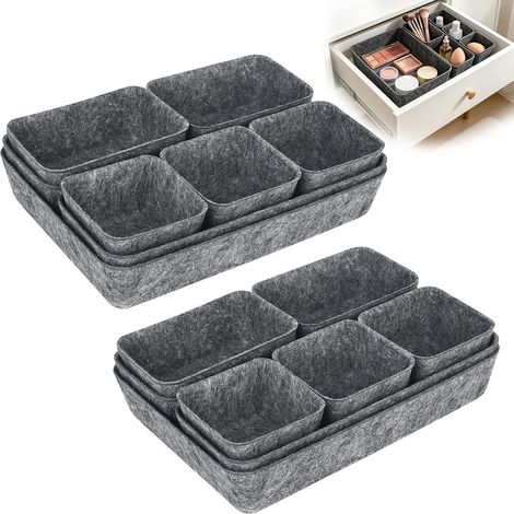 Lot de 16 organiseurs de tiroirs en feutre empilable - 4 tailles - Pour bureau, coiffeuse, chambre à coucher, armoire - Gris foncé (1/5)