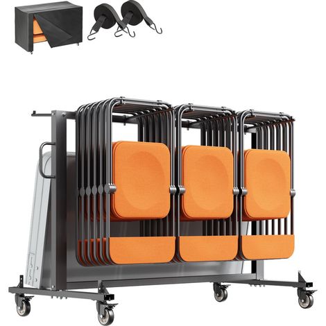 Chariot de rangement pliant pour chaises, capacité 180 kg, support robuste pour 42 chaises ou 12 tables, diable multi-usage avec roues caoutchouc et fixations, grand porte-chaises, noir mat (1/5)