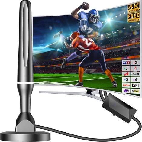 Antenne TV Intérieure Puissante TNT HD, Antenne TV Intérieur avec Amplificateur de Signal à Gain Élevé, 80km Réception Longue Portée à 360° avec Base Magnétique - Blanc (1/5)