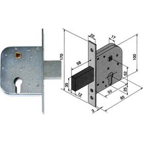 1PZ SERRATURA DA INFILARE PER CANCELLI CON QUADRO CATENACCIO E SCROCCO 070 - mm.50 con catenaccio da mm.58 (07050000)