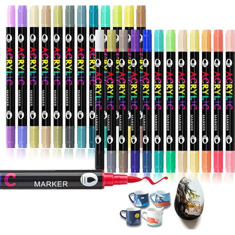 24 feutres acryliques bicolores à double pointe, 48 feutres graffiti colorés pour pierres, résistants à l'eau, pour peinture, bois, toile, verre, papier, céramique, œufs de Pâques, décoration