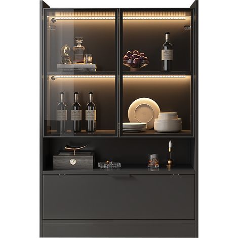 Vitrine LED moderne noir mat de 120 cm avec éclairage LED 16 couleurs – Vitrine sur pied avec portes vitrées et porte rabattable, meuble d’exposition en panneaux de particules pour salon