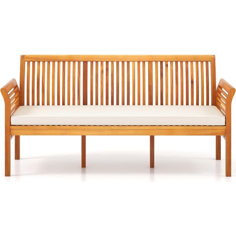 GOPLUS Banc de Jardin de 159 cm, Banc pour 3 Personnes avec Dossier Haut, Accoudoirs Incurvés, Coussin de Siège, Banc d'Extérieur en Bois d'Acacia Charge 540KG, pour Jardin, Terrasse, Naturel et Blanc (1/5)