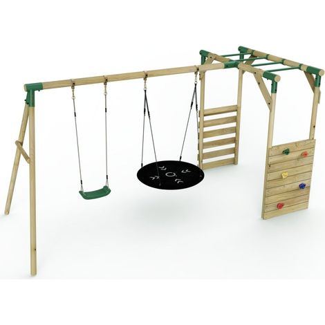 Rebo Wooden Children's Garden Swing Set with Monkey Bars - Double Swing - Meteorite Green