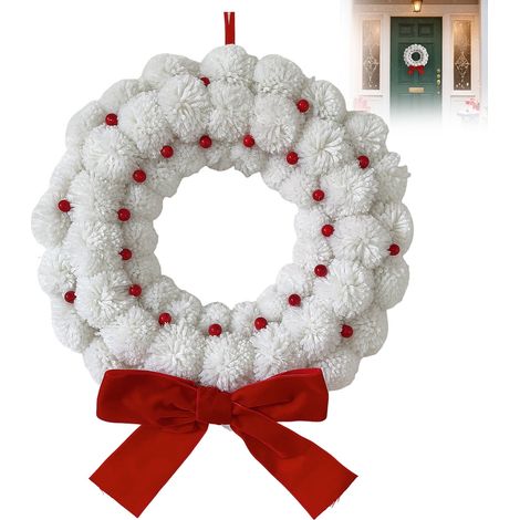 Guirlande De Noël - 33 Cm - Boule En Peluche Avec Baies Rouges Et Nœud En Velours - Décoration Murale Et Porte Intérieure Extérieure - 1 Pièce (1/5)