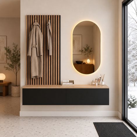 Meuble d'entrée avec miroir LED, Vestiaire suspendu avec coiffeuse et 2 tiroirs, Console d'entrée moderne, en MDF 140x38x150 cm, Noir et Bois (1/5)
