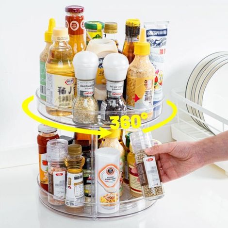 Rotating Spice Rack, Lazy Kitchen Storage Organizer, Cupboard Shelf, Condiment Storage Rack, Fridge, Bedroom (2 Tiers) (1/5)