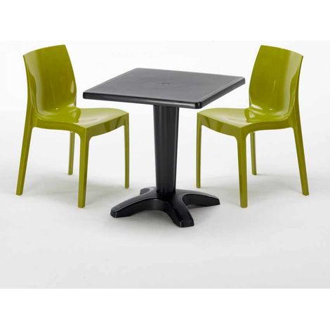 Tavolino Quadrato Nero 70x70 cm con 2 Sedie Colorate Ice Aia - Verde 2