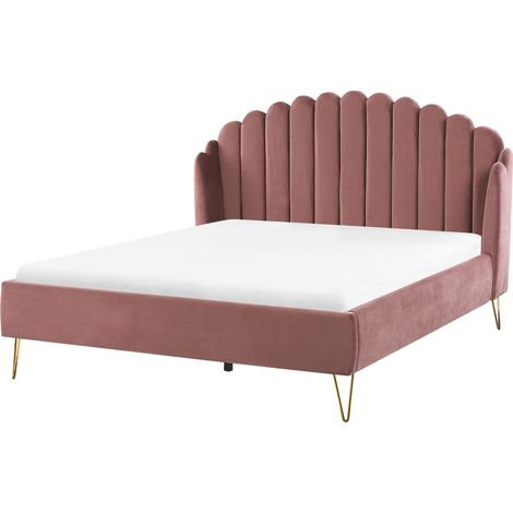 Letto con rete in velluto rosa 160 x 200 cm gambe in metallo testata retro capitonné Ambillou