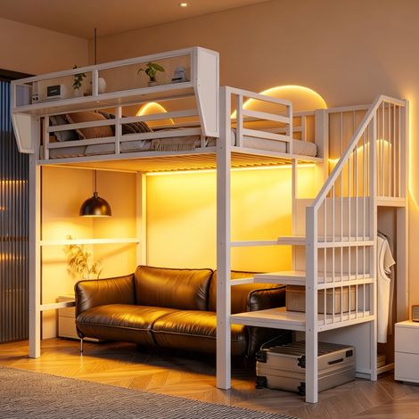 Mezzanine 90x200 avec bande lumineuse LED, échelle de sécurité et rangement flexible, lit en métal pour adulte, lit enfant superposé, blanc (1/5)