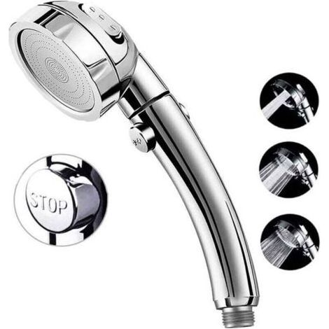 Pommeau de douche haute pression, pomme de douche à main à 3 réglages avec bouton poussoir d'arrêt complet marche/arrêt et interrupteur pour contrler le débit, jets corporels à économie d'eau à angle (1/5)