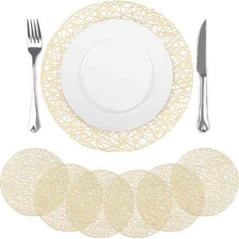 Lot de 6 sets de table ronds 38 × 38 cm motif lignes dorées en PVC ajouré imperméables résistants aux taches d’huile et faciles à nettoyer (1/5)