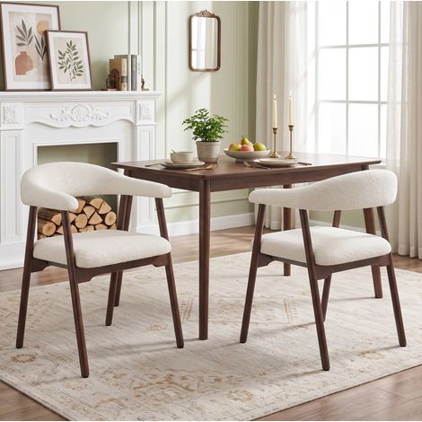 OKWISH 2 Esszimmerstühle Holz Bouclé Beige Walnussoptik mit Armlehnen (1/5)