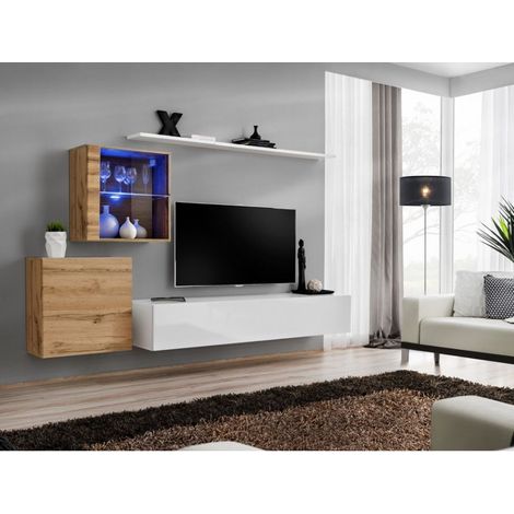 Ensemble mural - Switch XV - 2 vitrines - 1 banc TV - 2 étagères - Bois et blanc - Modèle 1 - Livraison gratuite