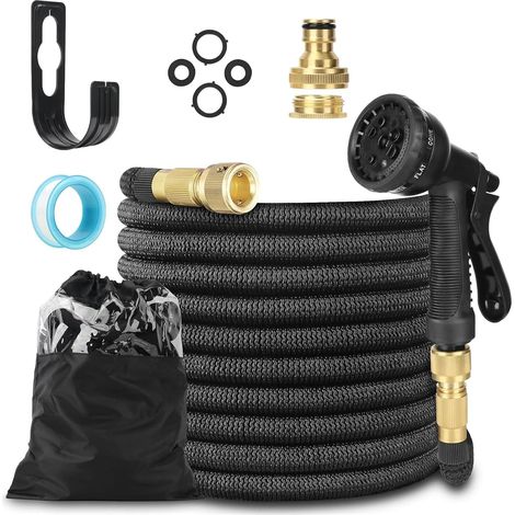 Tuyau d'Arrosage Extensible 7.5m, Tuyau Arrosage Flexible avec 1/2" et 3/4" Adaptateurs, 8 Modes d'Arrosage, Latex Triple Épaisseur Durable avec Raccords en Laiton et Sac (1/5)