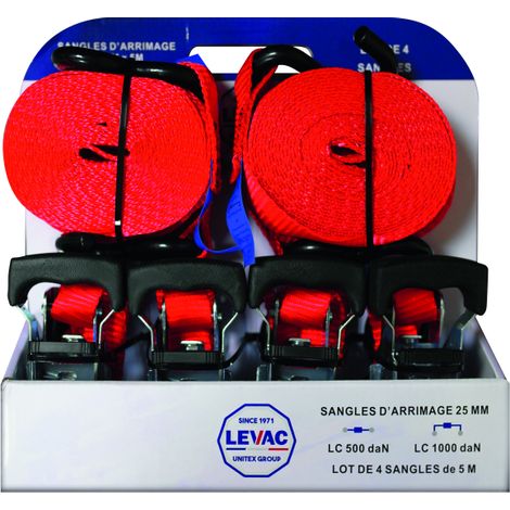 PACK 4 SANGLES ARRIMAGE 5M LARGEUR 25MM CROCHET 'S' LEVAC L0234552E05 (1/4)