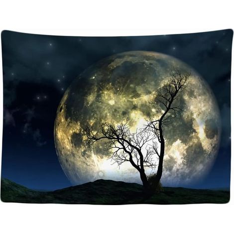 Tapisserie Murale Décorative Chambre - Arbre Nature Pleine Lune Nuit - 200 x 150 cm Grand – Papier Peint Tissu – Tapestry Aesthetic Wall - Décoration Panoramique (1/5)