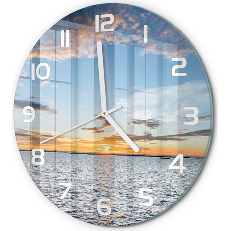 Horloge Murale Ronde Originale en Verre Silencieuse Design Moderne Salon Crépuscule au bord de la mer fi 30 cm (1/5)