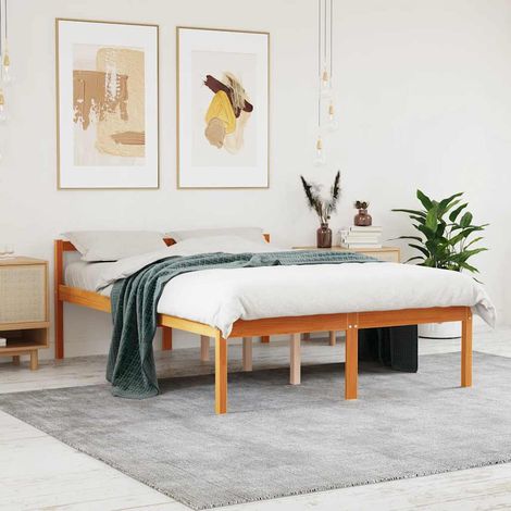 Lit pour personne âgée 140 x 190 cm en pin massif, sommier à lattes, cire marron sans matelas - PANGIVO (1/5)