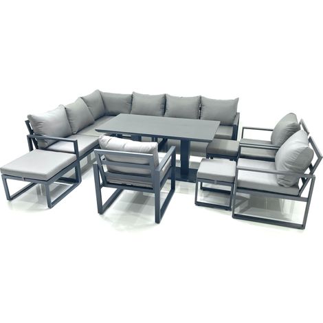 Fimous Aluminum Outdoor Garden Furniture Set Corner Sofa 3 Chair 3 Footstools Adjustable Rising Lifting Dining Table Sets Dark Grey (1/5)