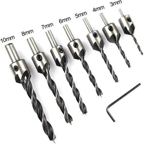 Paquet de 7 forets fraisés HSS 5 pour le perçage de chanfrein du bois clé de 3 à 10mm, foret d'ouverture de chanfrein à positionnement réglable (1/4)