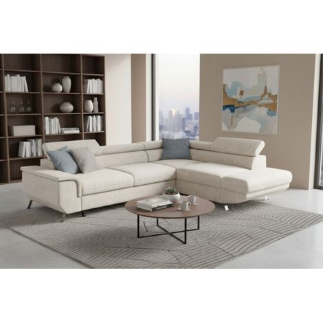 Ecksofa mit Schlaffunktion PLATO Sofa in Stoff Onega Ecru Ottomane Rechts