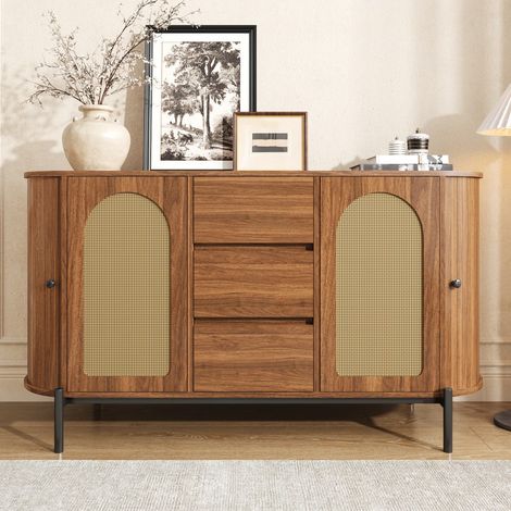 Buffet ovale 140x38x77.5cm - Portes en rotin, tiroirs et pieds métal - Rangement modulable style scandinave - Noyer (1/5)