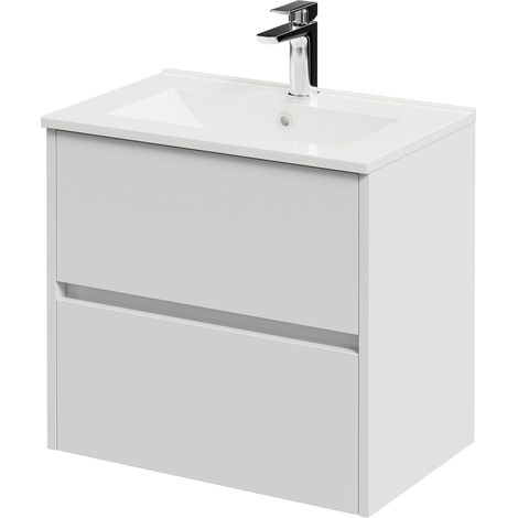 Montego Satin White 600mm Wall Mounted 2 Drawer Vanity Unit with Angel Basin