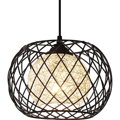 Luminaire Suspendu Industriel - Cadre en Métal Noir et Sphère en Fil de Coton - Éclairage pour Salon,Salle à Manger,Cuisine,Chambre - Ampoule E27 (1/4)