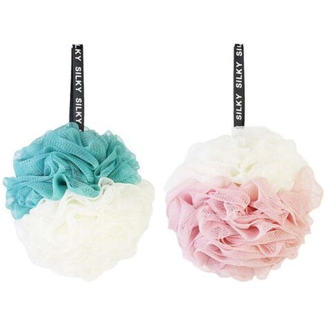 Lot de 2 grandes boules de douche et de bain en maille double couleur, 60 g (blanc et rose + blanc et vert) (1/5)
