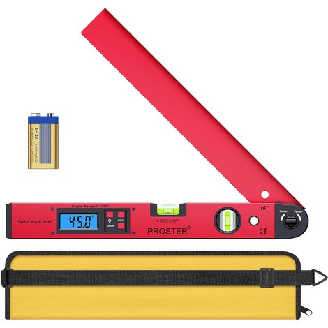 Rapporteur d’Angle Numérique 0–225° - Règle d’Angle 400 mm / 16 Pouces avec LCD Rétroéclairé, HOLD, Niveaux à Bulle, Fausse Équerre pour Menuiserie, Charpente, Bricolage (Rouge) (1/5)