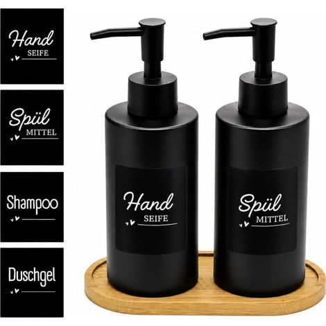 Lot de 2 distributeurs de savon en verre - 320 ml - Noir mat - Surface en céramique avec design rétro - Tête de pompe - Distributeur de liquide vaisselle - Distributeur de savon manuel (1/5)