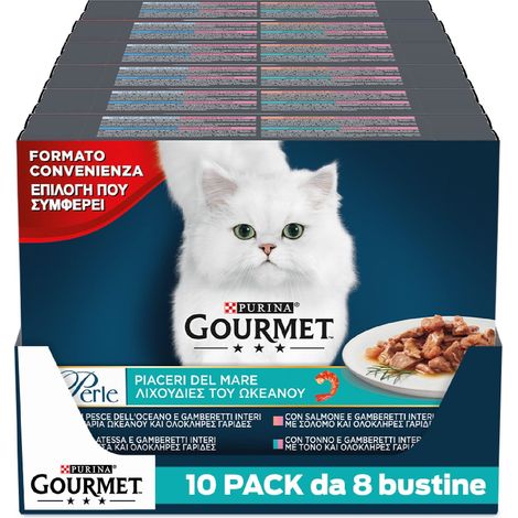 GOURMET PERLE Paceri del Mare Cibo umido per gatti adulti Bocconcini con Salmone, Platessa, Tonno e Pesce dell'Oceano 80 buste da 85g (1/5)