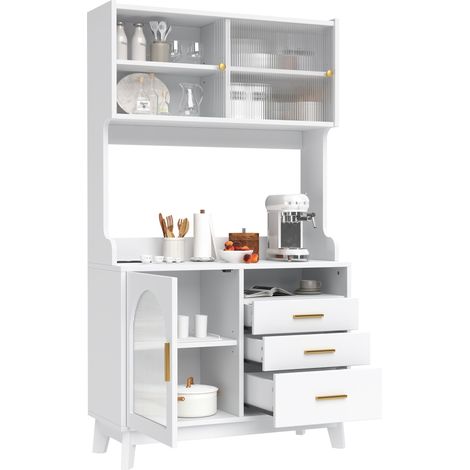 Buffet Haut de Cuisine avec 2 Prises, Ports USB A et USB C, Façade en Acrylique Ondulé, Blanc, 100.5 x 40 x 178 cm (1/5)