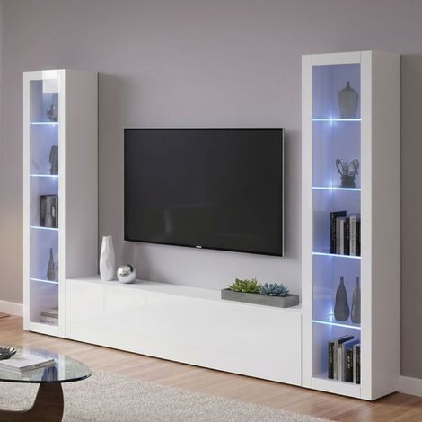 Dmora - Pared Equipada Dduc, Conjunto de salón Mueble de TV con 3 puertas, Mueble de salón polivalente con vitrina y luz LED, 100% Made in Italy, cm 260x30h180, Blanco brillo (1/5)
