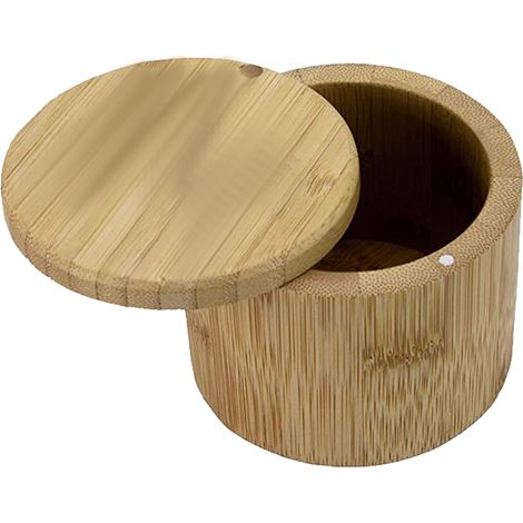 Boîte de rangement en bambou pour salière avec couvercle pivotant magnétique, inscription « Sel » gravée sur le couvercle (1/5)