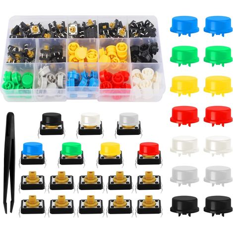 75 interrupteurs tactiles 12x12x7.3mm interrupteurs tactiles instantanés interrupteurs tactiles combo kit avec 75 couvercles et 1 pince à épiler pour arduino PCB
