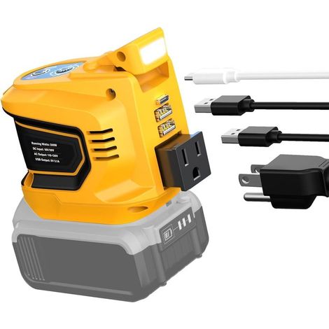 DeWALT 20V Akku-kompatibler 200W Tragbarer Wechselrichter, 20V DC auf 110V AC Powerstation mit 1 AC-Steckdose, 2 USB-Anschlüssen, 1 Typ-C-Anschluss und LED-Leuchte (Batterie nicht enthalten), Gelb (1/5)