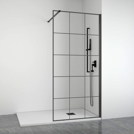 BELLOBATH - Paroi de douche frontale à panneau fixe - Industrielle - Profilés noir mat - Largeur adaptable 88-90 cm - Haut 195 cm