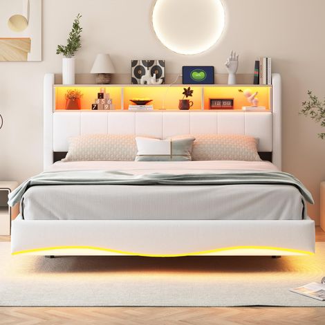 Lit rembourré 160x200 cm beige en lin, effet flottant avec LED multicolore, USB et USB-C, tête de lit avec rangement, sommier 12 lattes inclus (1/5)