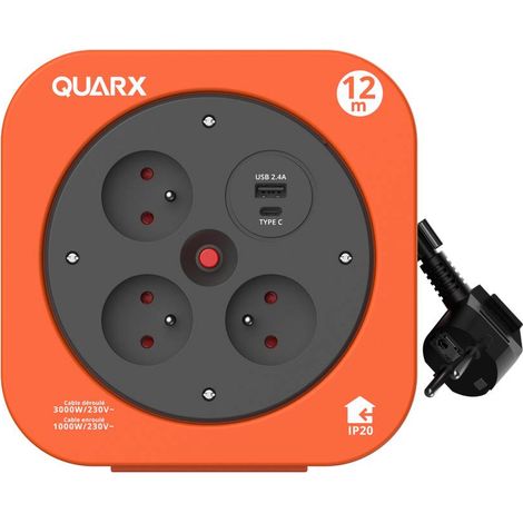 QUARX Enrouleur électrique ménager, 3P. 2P+T 16A, 1 USB-A, 1USB-C (1/6)