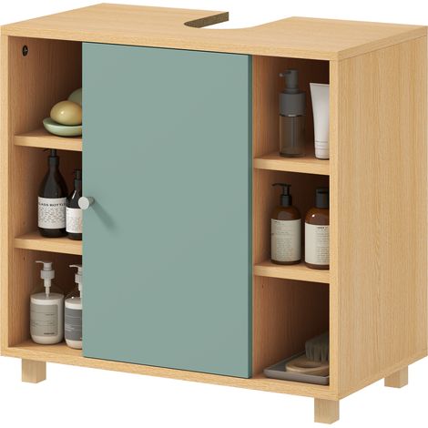 Meuble bas de salle de bain avec 6 étagères ouvertes et porte à fermeture amortie, 60 x 33 x 57 cm, vert (1/5)