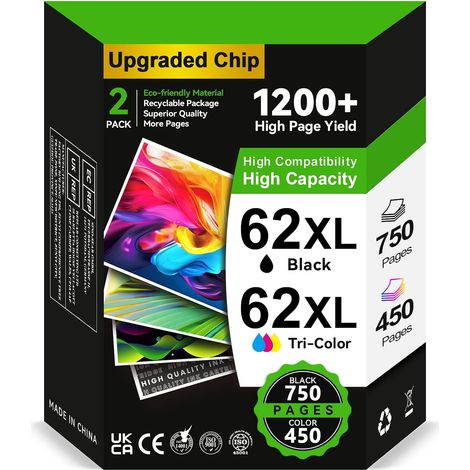 Cartouche 62 Noir et Couleur- 750/450+ Pages, Remplacement pour Cartouche HP 62 XL , Encre Imprimante 62 Pack de 2 pour HP Envy 5540 5640 7640 5544 5646 OfficeJet 200 250 5742 5740 (1/5)
