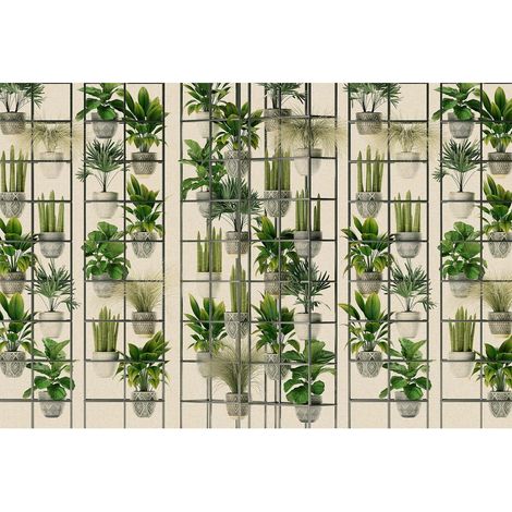 Papier peint panoramique motif floral mur Tapisserie panoramique tendance pot fleurs Papier peint panoramique vert & blanc aspect cactus salon (1/2)